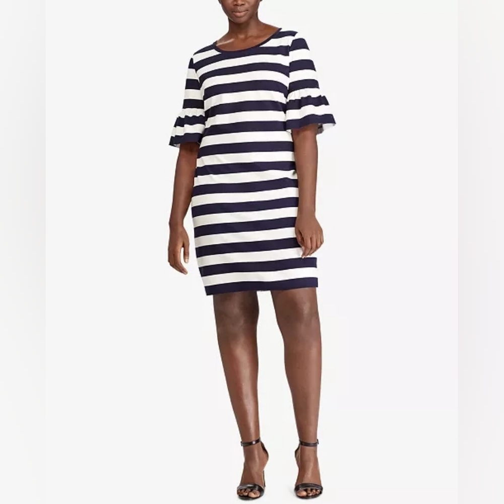 Lauren Ralph Lauren Striped Navy Blue White Ruffle Sleeve Dress Womens Size XL
